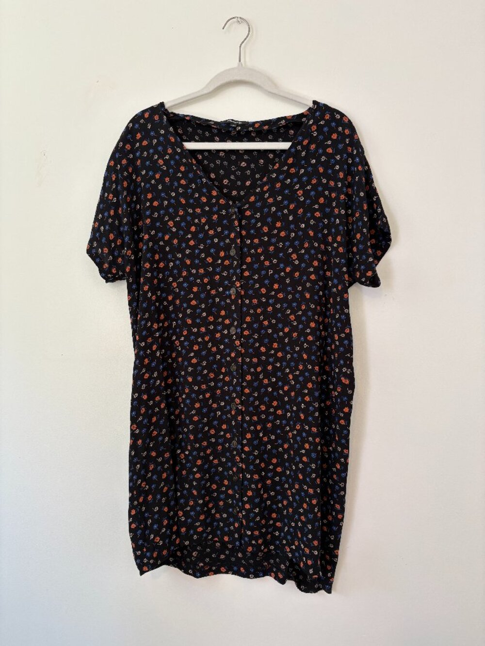 Madewell Vicose Button Front Mini Shift Dress | Size Small | Black Floral Print
